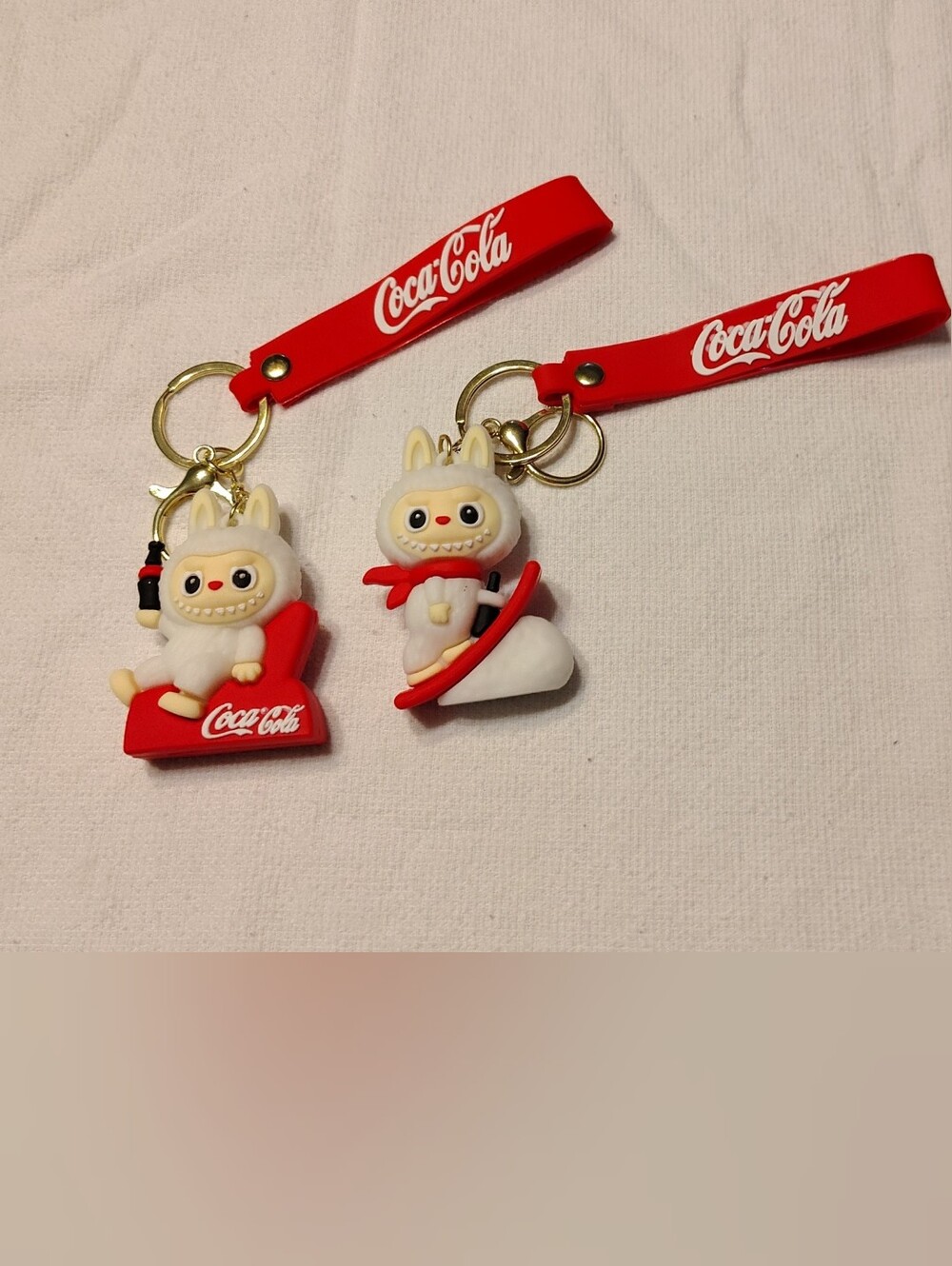 Coca Cola White Labubu Keychain Duo with Red Logo Straps